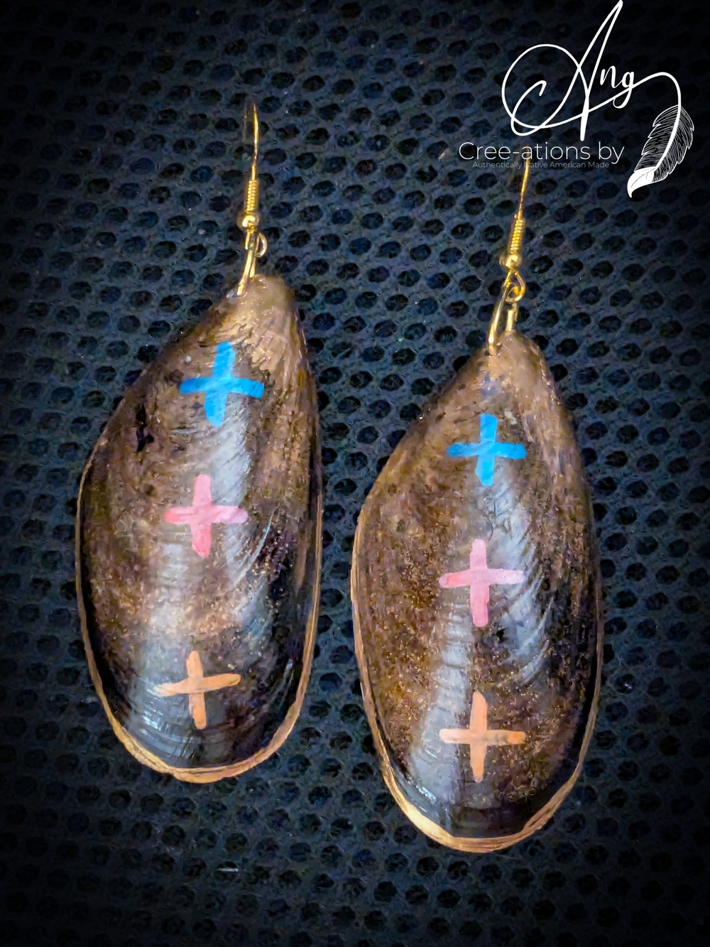 Indigenous Art Pink & Blue Cross Mussel Shell Drop Earrings